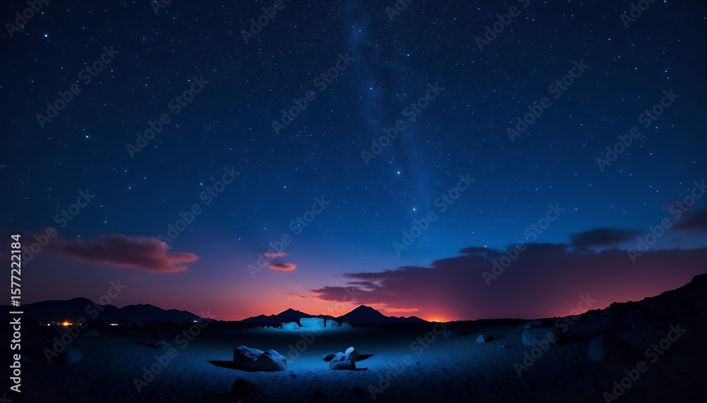 Fototapeta premium Dramatic Night Timelapse Starry Sky Landscape with Milky Way and Rocky Horizon