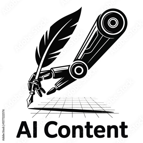 AI writing content with robotic arm holding quill pen in a modern black and white vector illustration