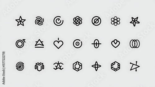 Collection of Twenty Four Black Linear Geometric Symbols Stars Hearts Circles Arrows on Light