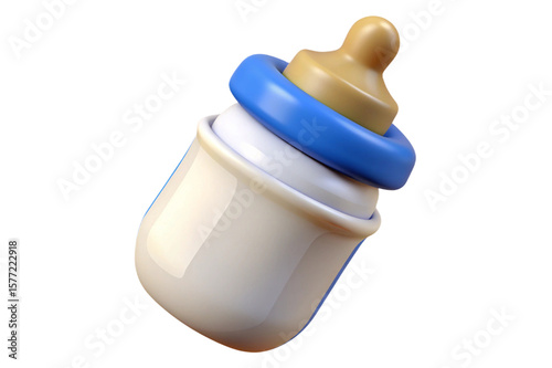 Cute 3d rendered baby bottle with blue ring and beige nipple isolated on transparent background