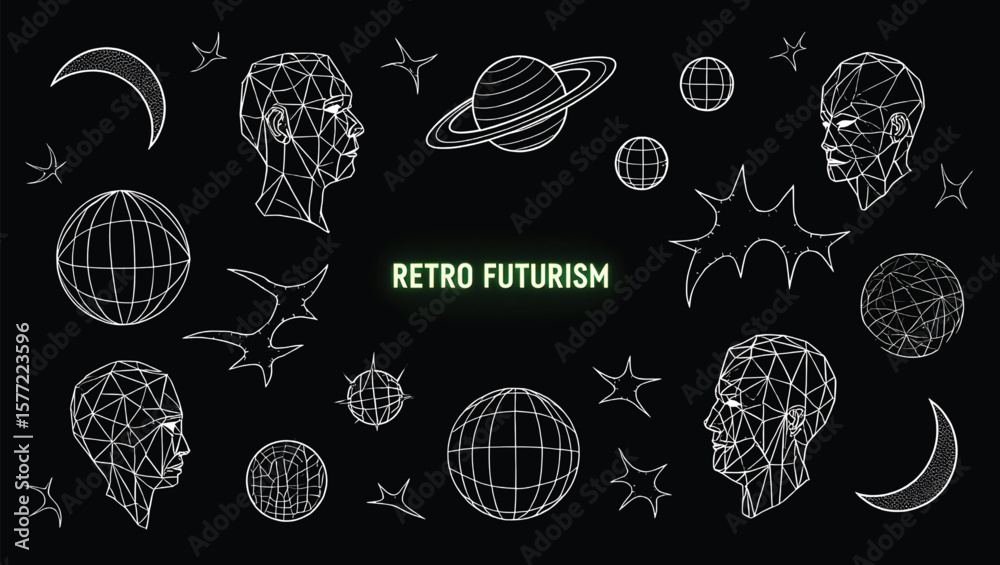 Retro Futurism Design White Wireframe Human Heads Planets Moons Stars on Black Background