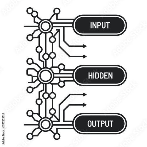 Black and white vector illustration of a neural network with input, hidden, and output layers connected by arrows on white background