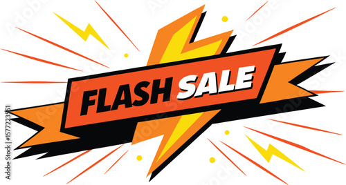 
Here's a one-sentence title for the image:

A dynamic "Flash Sale" banner design featuring a prominent orange lightning bolt and ribbon, often with radiating lines or small decorative element