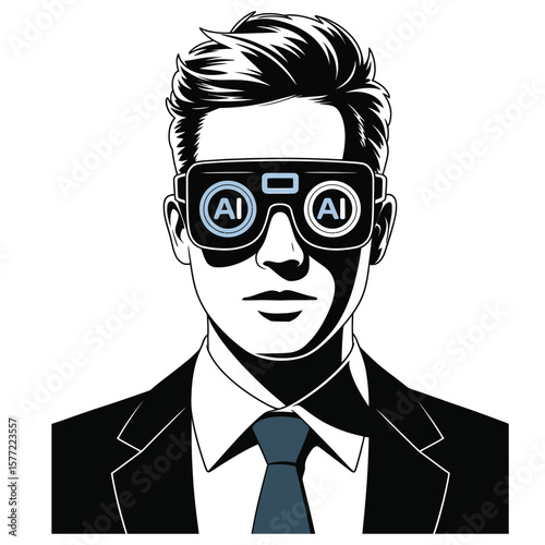 Black and white vector illustration of a man wearing AI-powered AR glasses with a futuristic tech style