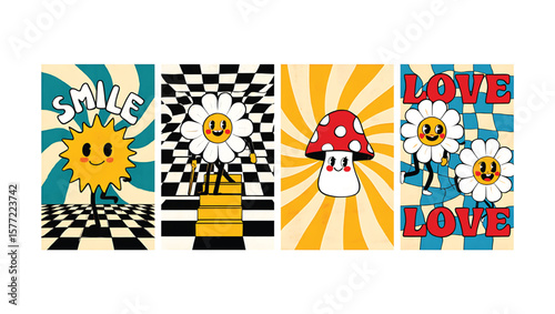 Retro Style Illustration Set Featuring Happy Sun Daisy Mushroom Characters Checkered