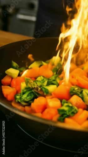 Professional Chef Cooking Stir-Fry with Flames – High Heat Culinary Action