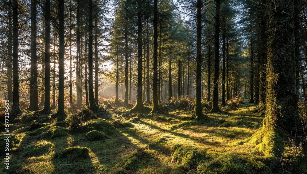 Obraz premium Sunlight streams through a mossy forest (1)