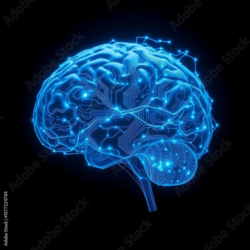 A glowing blue brain with circuit board patterns against a stark black background illustration