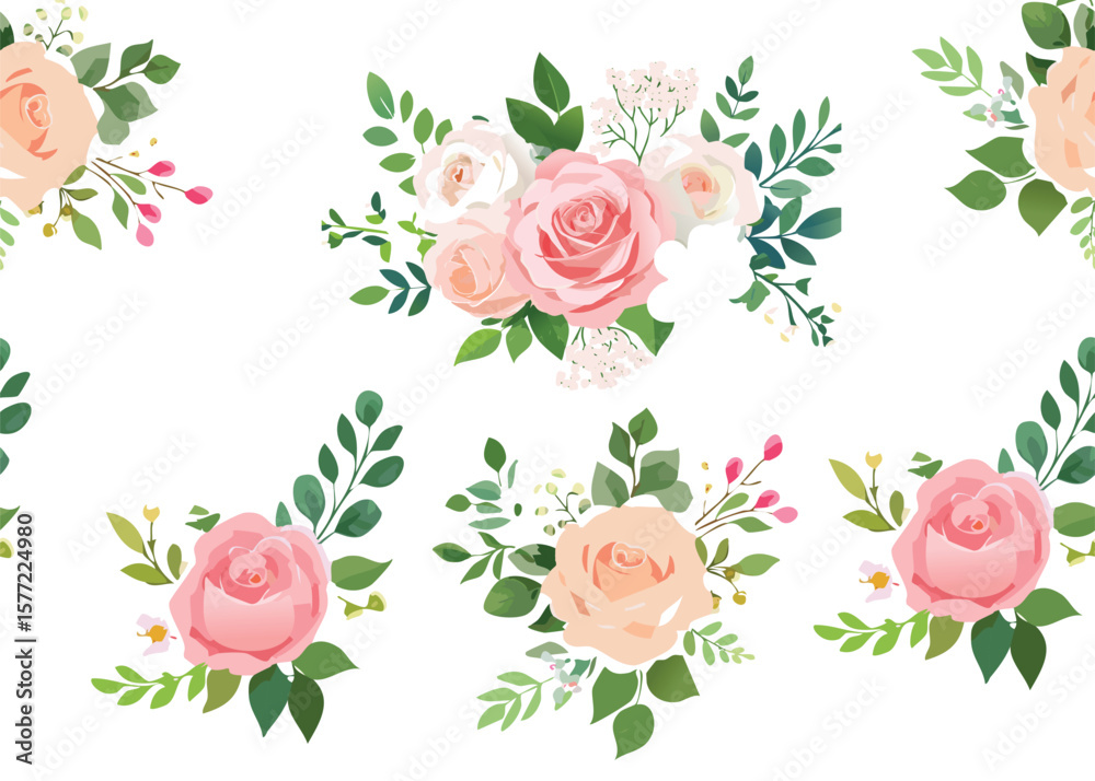 Fototapeta premium Elegant Pink Rose and Eucalyptus Vector Collection seamless pattern