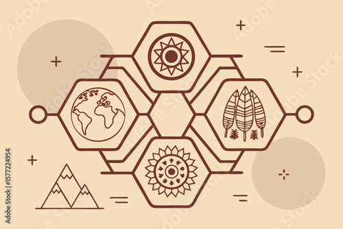 Earth Sun Feathers Mountains Floral Elements Vector Illustration
