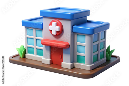 Cute cartoon 3d hospital building with red door and cross isolated on transparent background