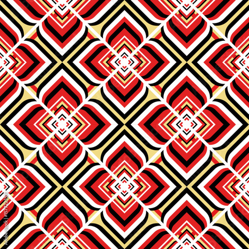 Abstract geometric pattern with red black white and gold shapes creating a visually striking repeating design