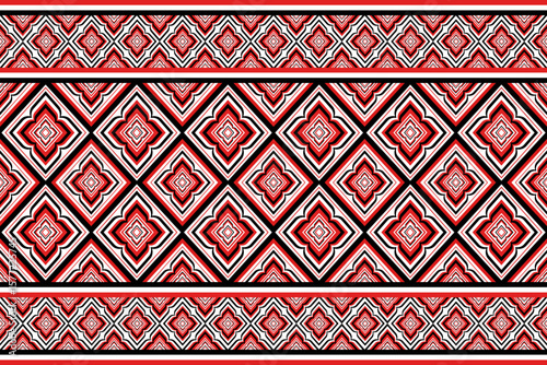 Geometric repeating pattern with red white and black diamond shapes and floral motifs traditional ethnic design elements