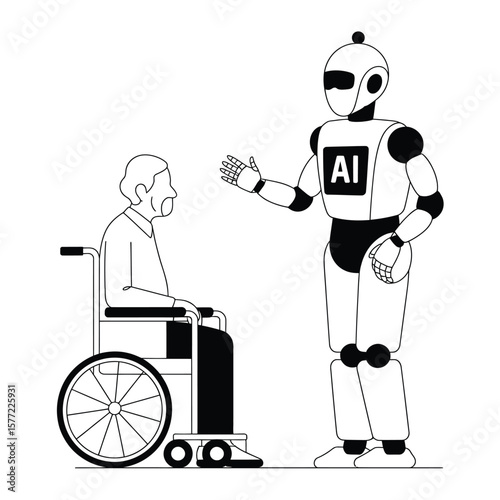 Black and white vector illustration of an elderly person being assisted by an AI caregiver robot in a compassionate setting