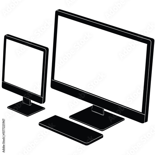 Two modern computer monitors of different sizes with a keyboard in front of the larger monitor presented in a clean silhouette style