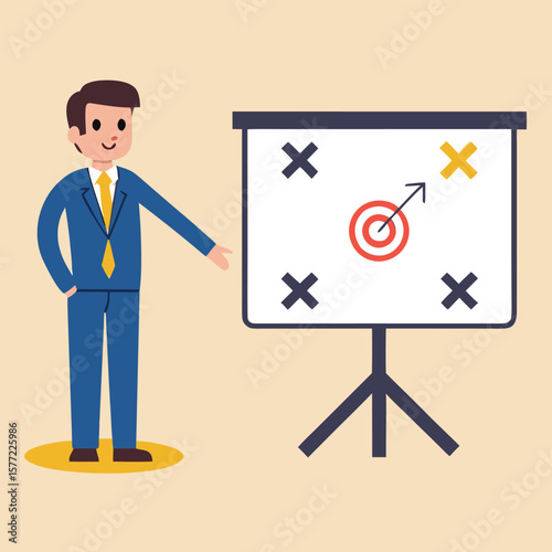 Businessman presenting target strategy on whiteboard