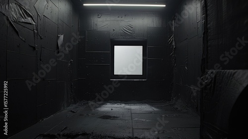 frontal view a black wall made of latex, there is a rectangle windows in the middle, the scene takes place in a very dark workshop 