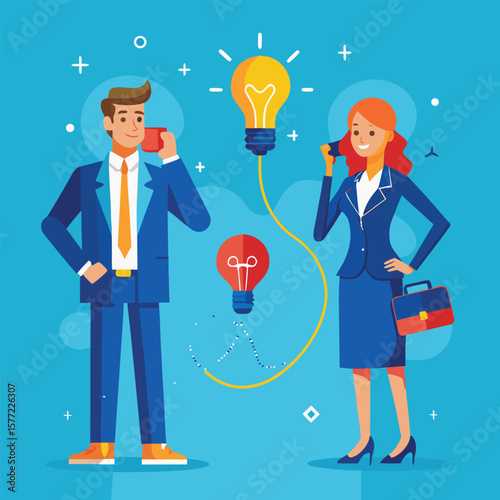 Businesspeople sharing ideas with lightbulbs communication