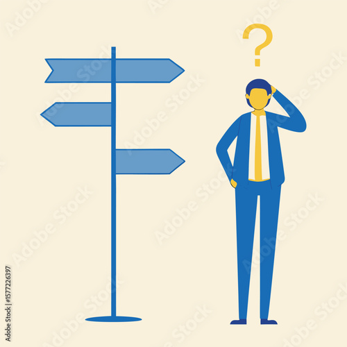 Confused person at crossroads with directional signs