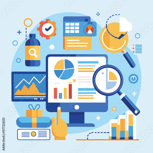 Data analysis with charts and magnifying glass graphs