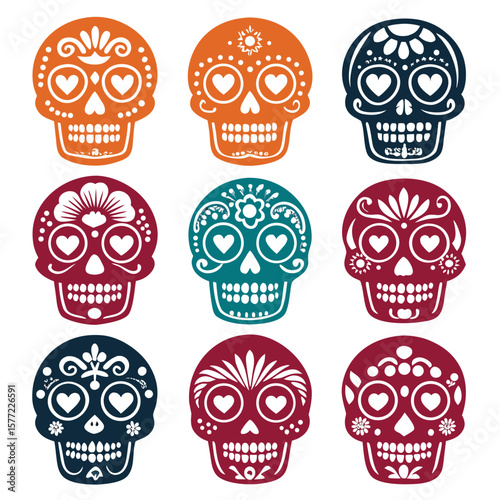 Decorative sugar skulls with heart eyes day of the dead