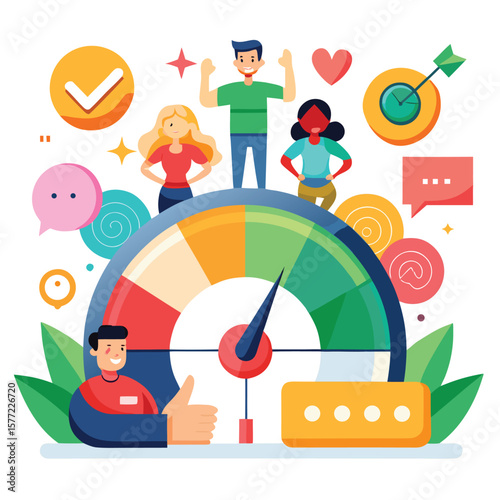 Diverse people celebrating success with gauge and icons