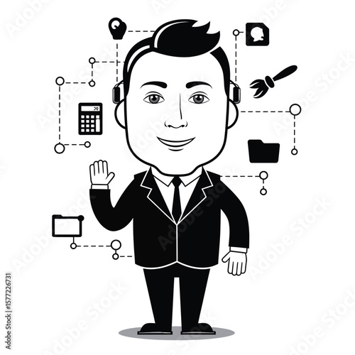 Black vector illustration of a virtual assistant on a desktop computer in black and white style