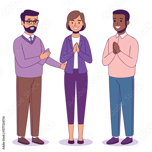 Diverse people greeting with hands clasped flat design