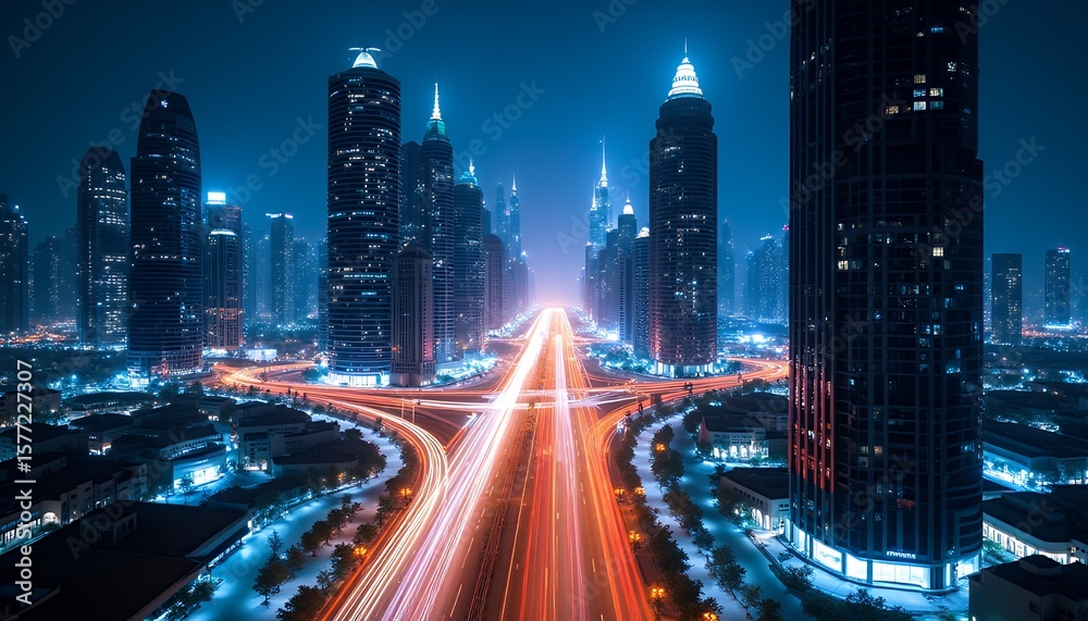 Fototapeta premium Illuminated Cityscape at Night: Aerial View of Traffic and Skyscrapers