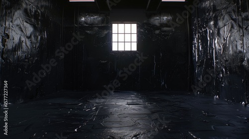 frontal view a black wall made of latex, there is a rectangle windows in the middle, the scene takes place in a very dark workshop 