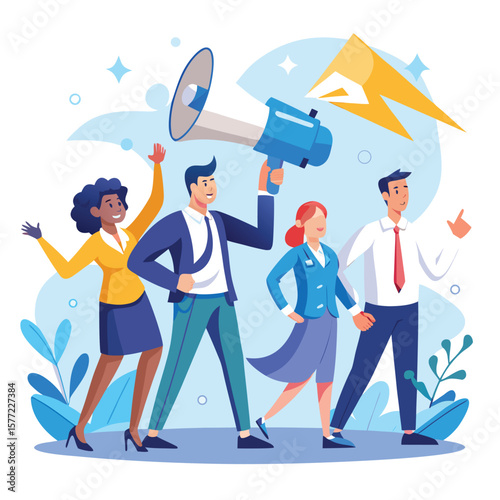 Diverse team with megaphone and bright ideas business