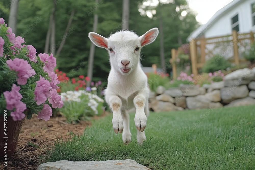Goat standing on two legs in a garden during daylight Goat standing on two legs in a garden during daylight