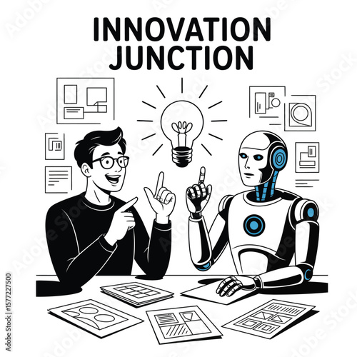 Collaborative brainstorming session between human and robot with glowing light bulb in minimalist workspace black and white vector