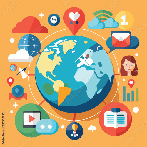 Global communication network with digital icons globe