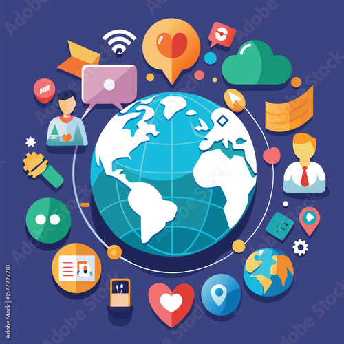 Global communication network with digital icons globe