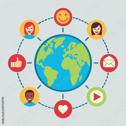 Global connection with people and icons earth globe