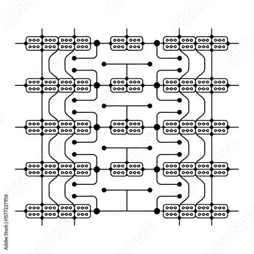 Flat black vector illustration of a neural network node diagram with labeled interconnections on white background