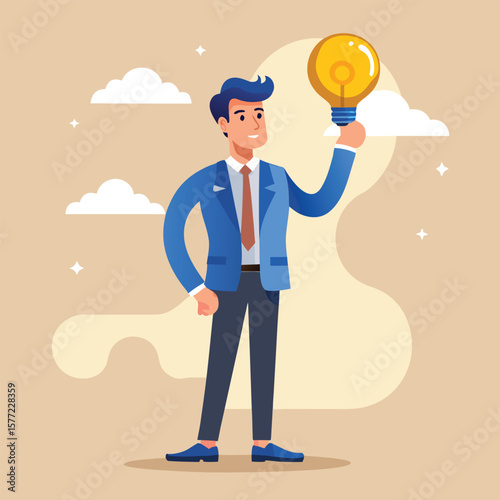 Man holding glowing light bulb business suit
