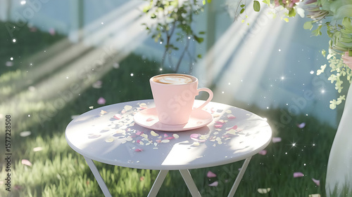 A pastel pink coffee cup on a sunlit table, surrounded by colorful confetti petals, captures the serene, whimsical essence of a spring morning filled with warmth and celebration.