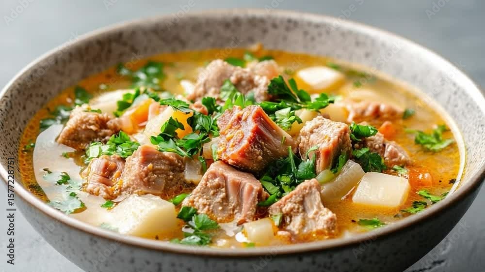 Hearty Stew: A close-up shot of a delectable, appetizing stew brimming with chunks of savory meat, fresh vegetables, and fragrant herbs, promising warmth and comfort in every spoonful. Hearty Stew: A close-up shot of a delectable, appetizing stew brimming with chunks of savory meat, fresh vegetables, and fragrant herbs, promising warmth and comfort in every spoonful.