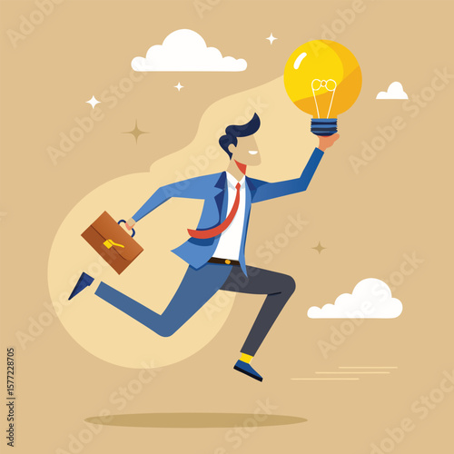 Man running with briefcase holding bright lightbulb