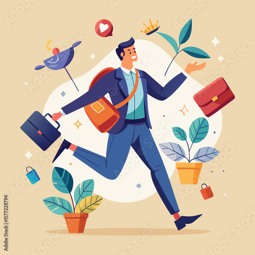Man running with briefcases and plants business