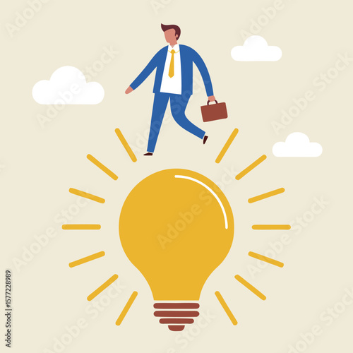 Man walking on lightbulb with briefcase and clouds