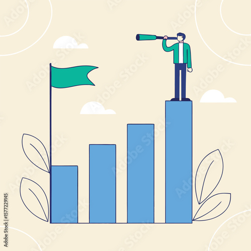 Man with spyglass on bar graph with flag looking future