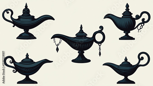 Collection of Dark Teal Genie Lamps Ornate Antique Style Oil Lamps Vintage Illustration