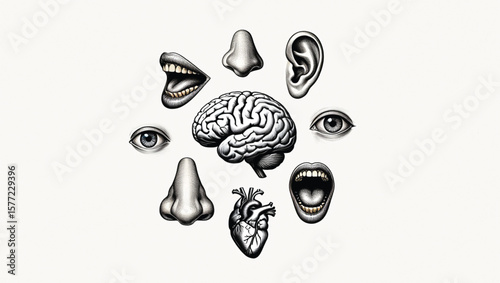 Detailed anatomical illustration human senses brain heart eyes nose mouth ears grayscale