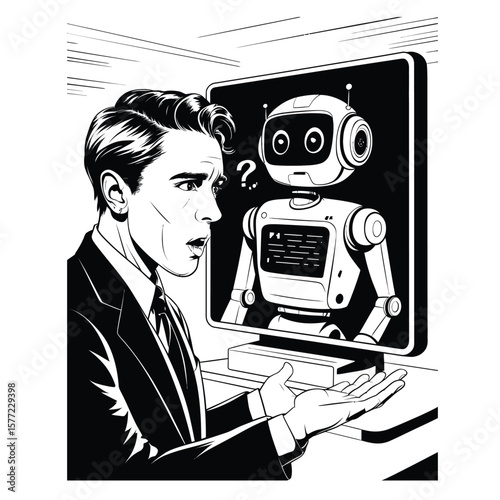 Person questioning AI on screen with shocked expression black and white vector illustration