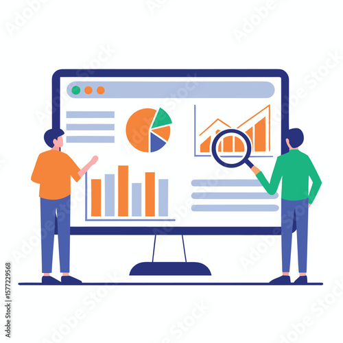 Orange green blue people analyzing data charts flat design