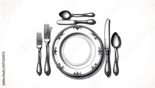 Elegant Silverware Place Setting Dinnerware Ornate Plate Spoons Forks Knife Tabletop Sketch
