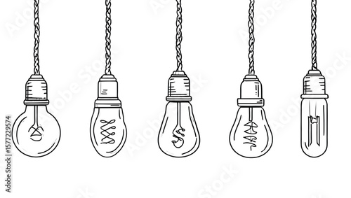 Five Hanging Light Bulbs Hand Drawn Sketch Black White Vintage Style Filament Design Illustration